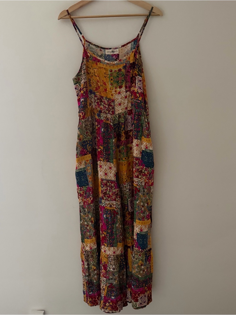Natural Life Wide Leg Jumpsuit Patchwork Overalls Yellow Pink Size Small Boho - Picture 2 of 12